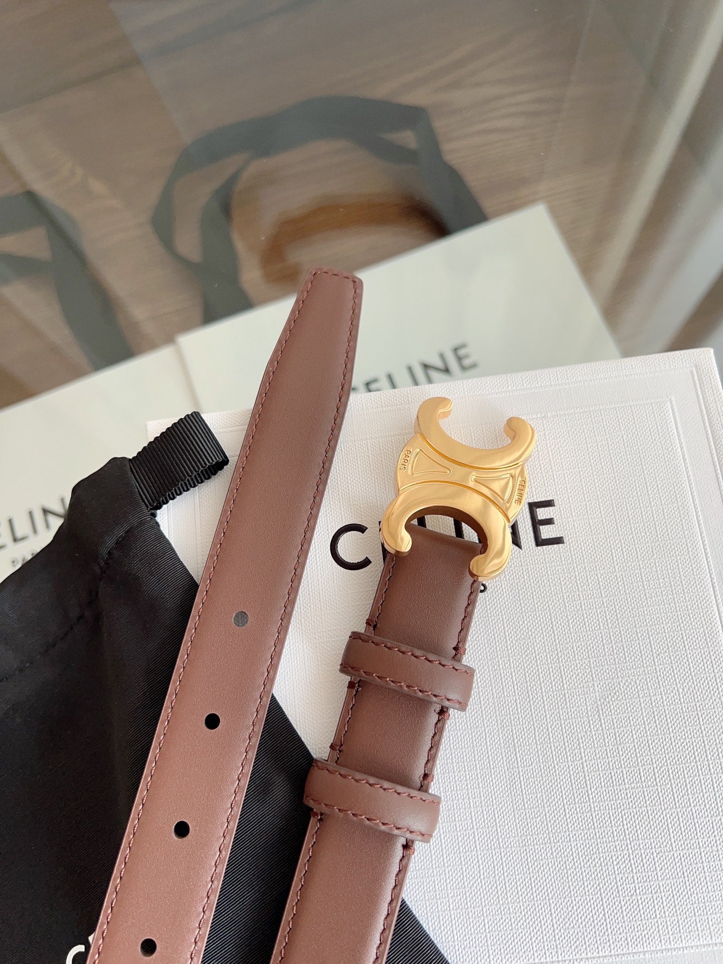 TRIOMPHE BELT 24MM IN BROWN CALFSKIN WITH GOLD BUCKLE - 30