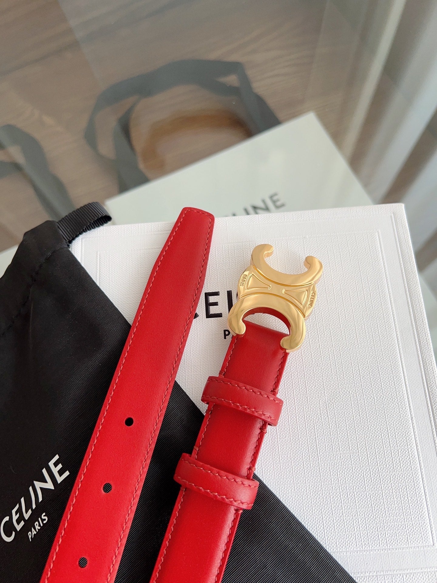 TRIOMPHE BELT 24MM IN RED CALFSKIN WITH GOLD BUCKLE - 30