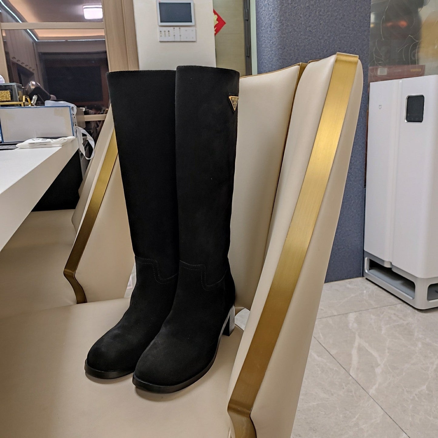 KNEE BOOTS WITH TRIANGLE LOGO IN BLACK SUEDE - 35