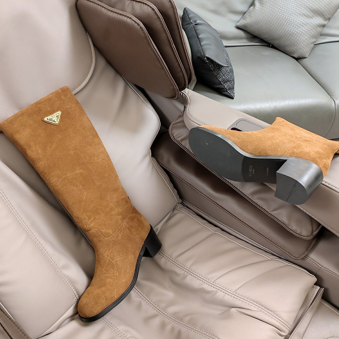 KNEE BOOTS WITH TRIANGLE LOGO IN CAMEL SUEDE - 35