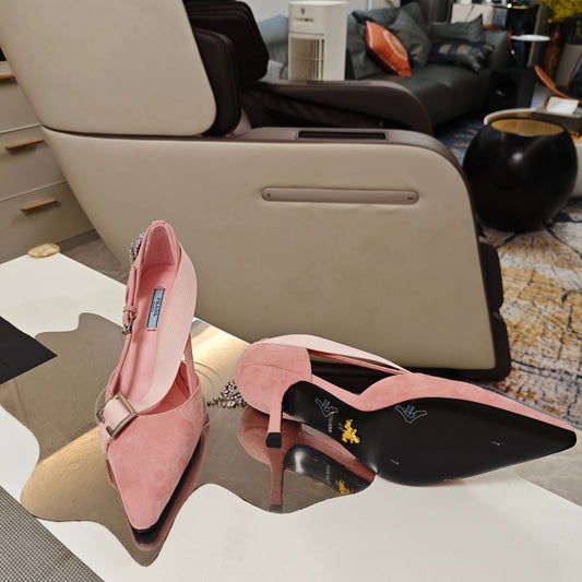PRADA 26S ЗАГОСТРЕНІ ТУФЛІ НА ВИСОКИХ ПІДБОРАХ 70 ММ ЗІ СВІТЛО-РОЖЕВОЇ ЗАМШІ