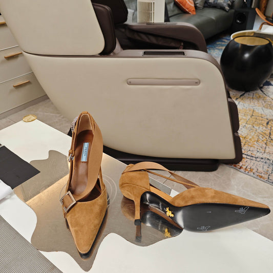PRADA 26S ЗАГОСТРЕНІ ТУФЛІ НА ВИСОКИХ ПІДБОРАХ 70 ММ З КОРИЧНЕВОЇ ЗАМШІ КОЛЬОРУ КАРАМЕЛІ