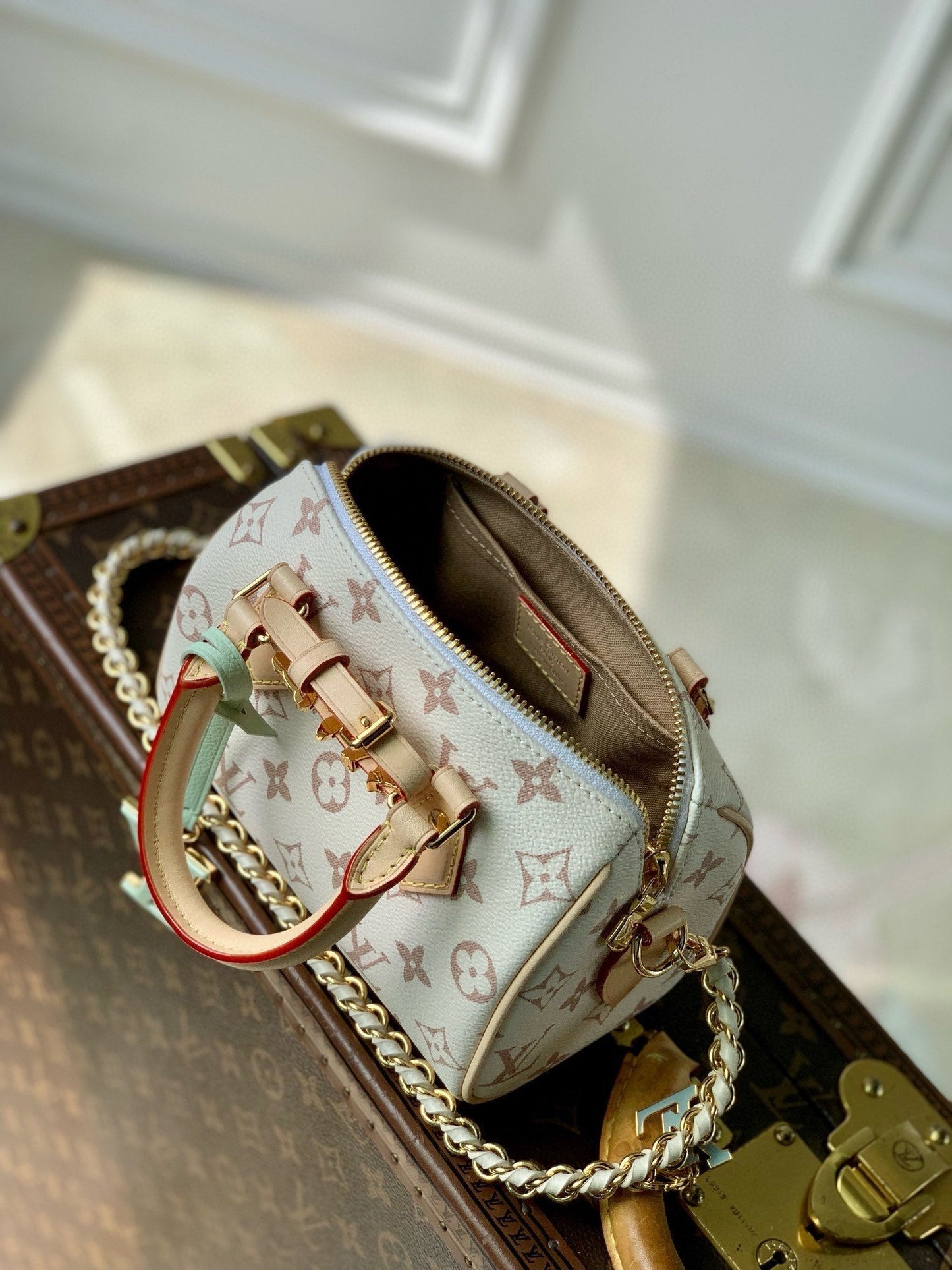 MINI SPEEDY BAG GREEN CHARM 18 IN LIGHT BROWN MONOGRAM DUNE COATED CANVAS