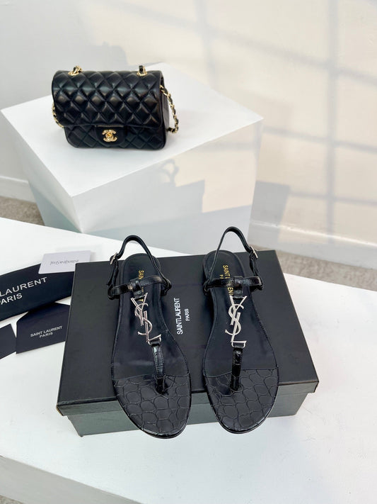 SL Cassandra Croc-Embossed Thong Sandals Black Leather - 35