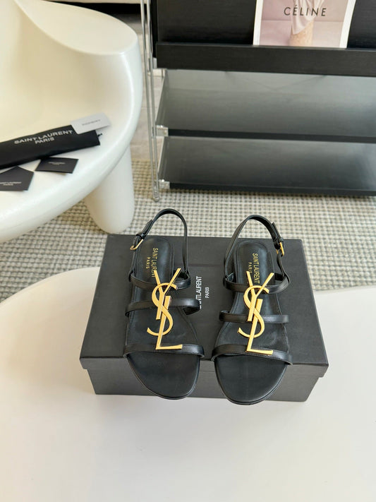 SL CASSANDRA TRIPLE SANDAL FLAT BLACK CALFSKIN - 34