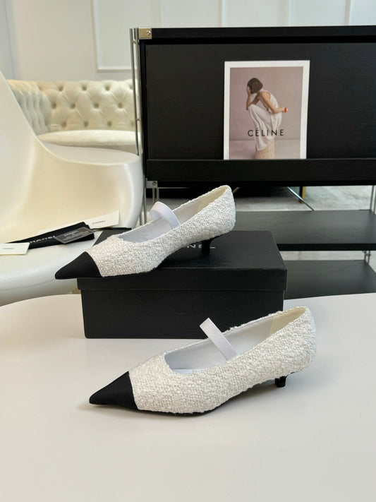 CC MARY JANE IN WHITE TWEED AND BLACK SATIN - 35