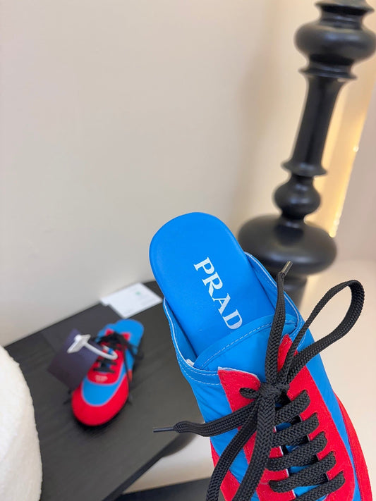 SNEAKER MULES IN BLUE NYLON AND RED SUEDE - 35