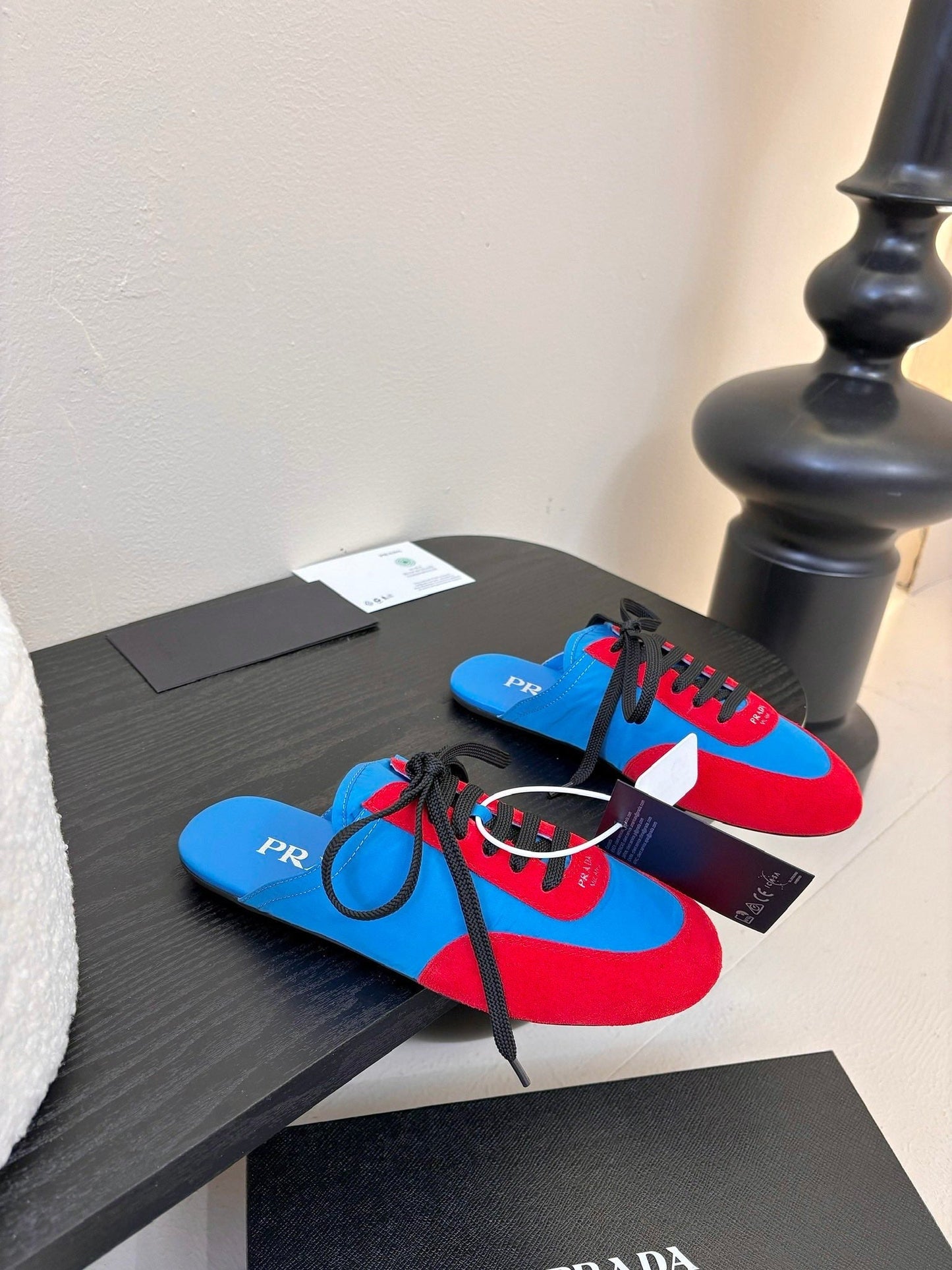 SNEAKER MULES IN BLUE NYLON AND RED SUEDE - 35