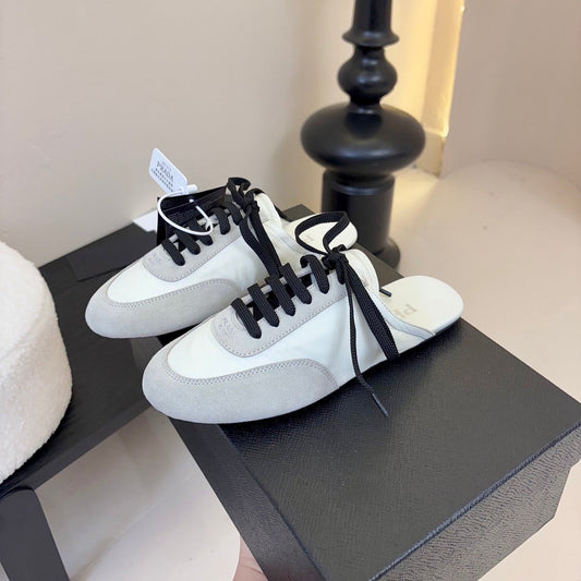 SNEAKER MULES IN BEIGE SUEDE AND WHITE NYLON - 35