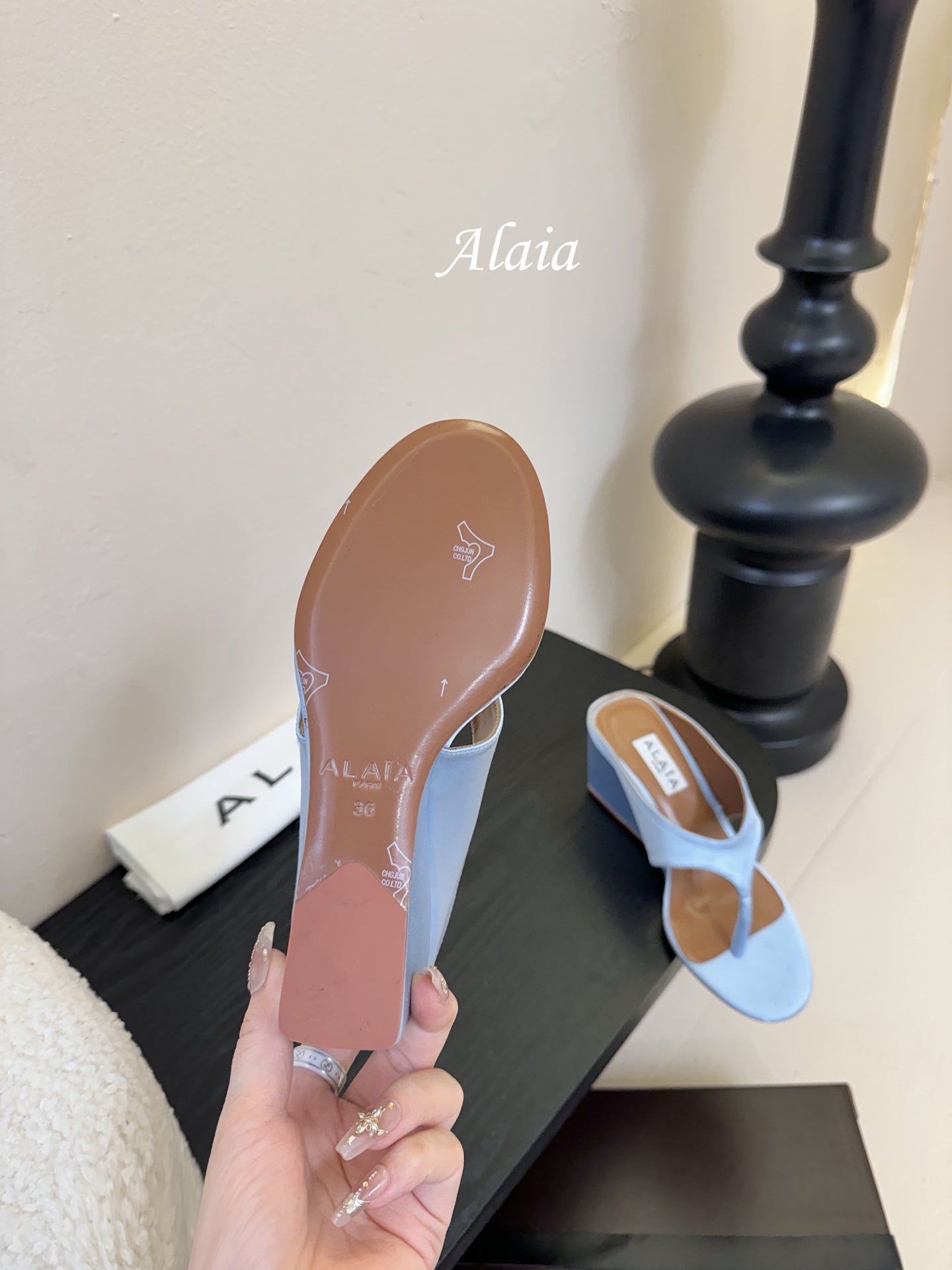 ALAIA WEDGE THONG SANDALS 25S IN BLUE SATIN - 35