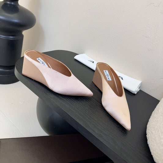 ALAIA HIGH MULES 25S IN BLUSH BEIGE SATIN - 35