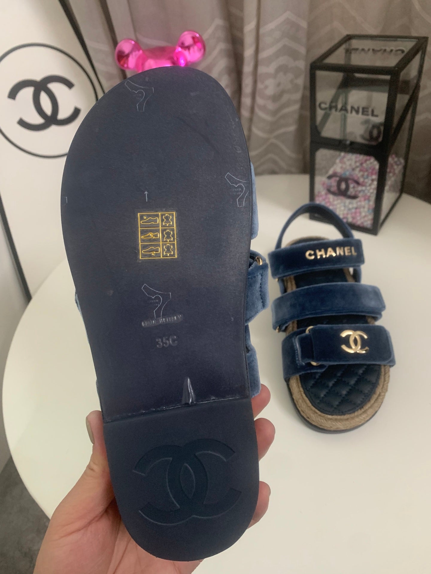 CHANEL 26S STRAPPY SANDALS IN NAVY BLUE VELVET WITH ROPE SOLE GOLD HARDWARE