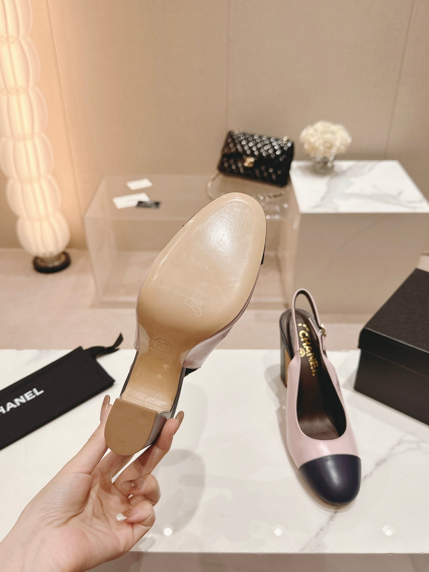 HIGH SLINGBACKS LIGHT PINK MIX BLACK SHEEPSKIN - 35