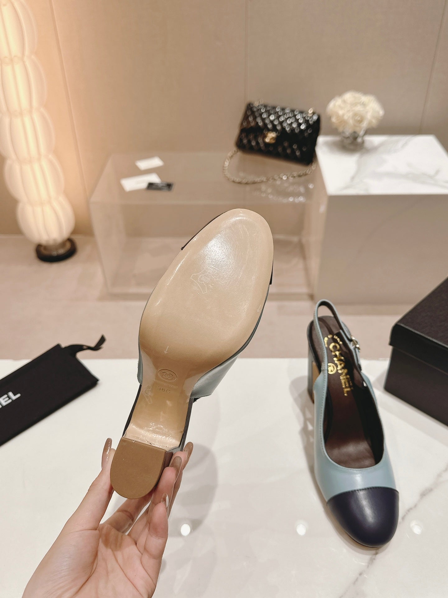 HIGH SLINGBACKS LIGHT BLUE MIX BLACK SHEEPSKIN - 35