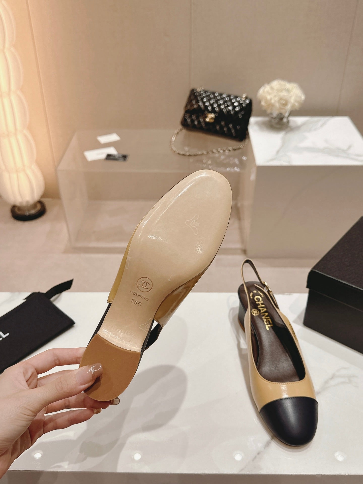 SLINGBACKS PEANUT BROWN MIX BLACK SHEEPSKIN - 35
