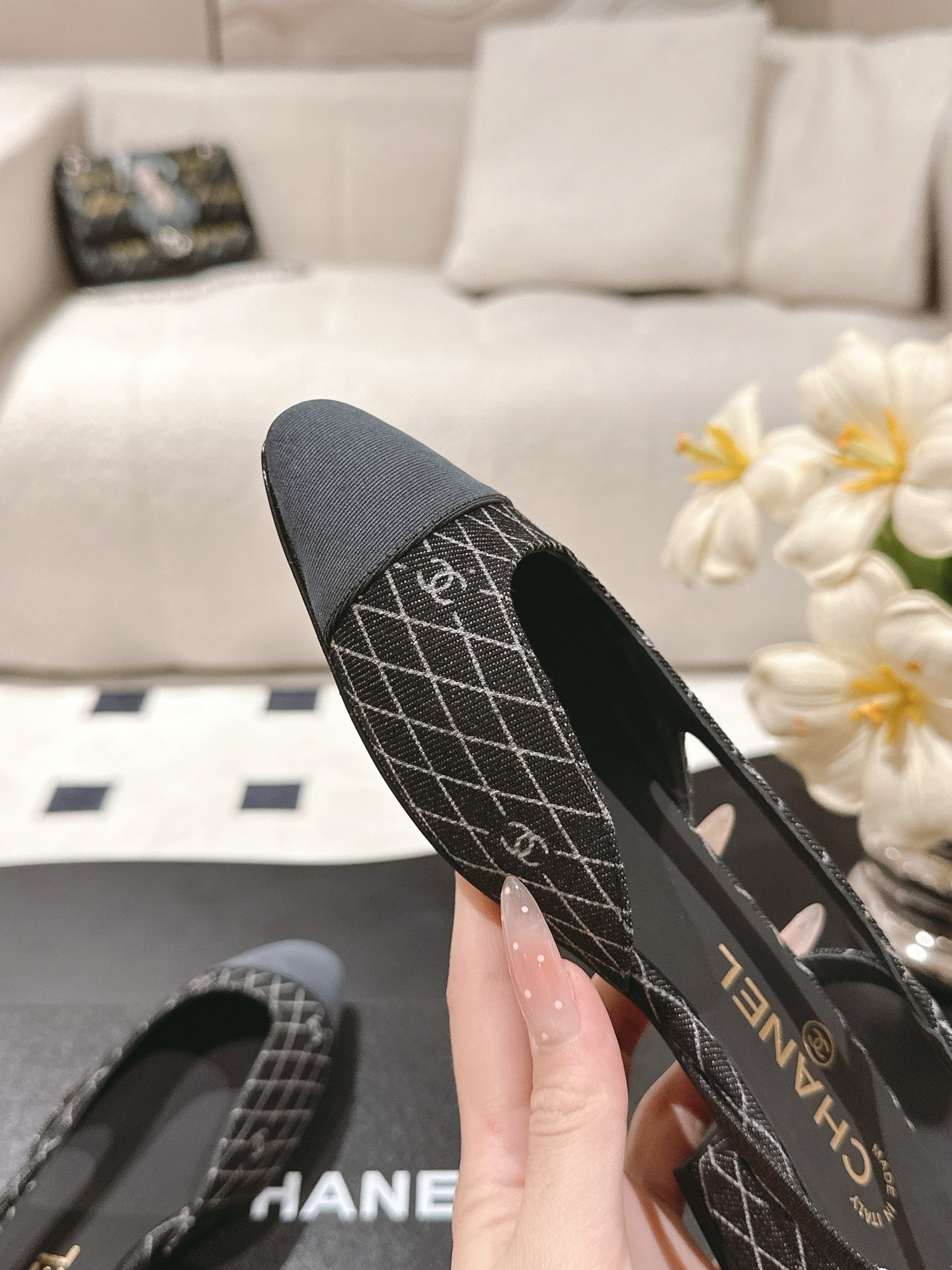 CC SLINGBACK 25S 25 MM IN BLACK DENIM WITH PLAID PATTERN - 35