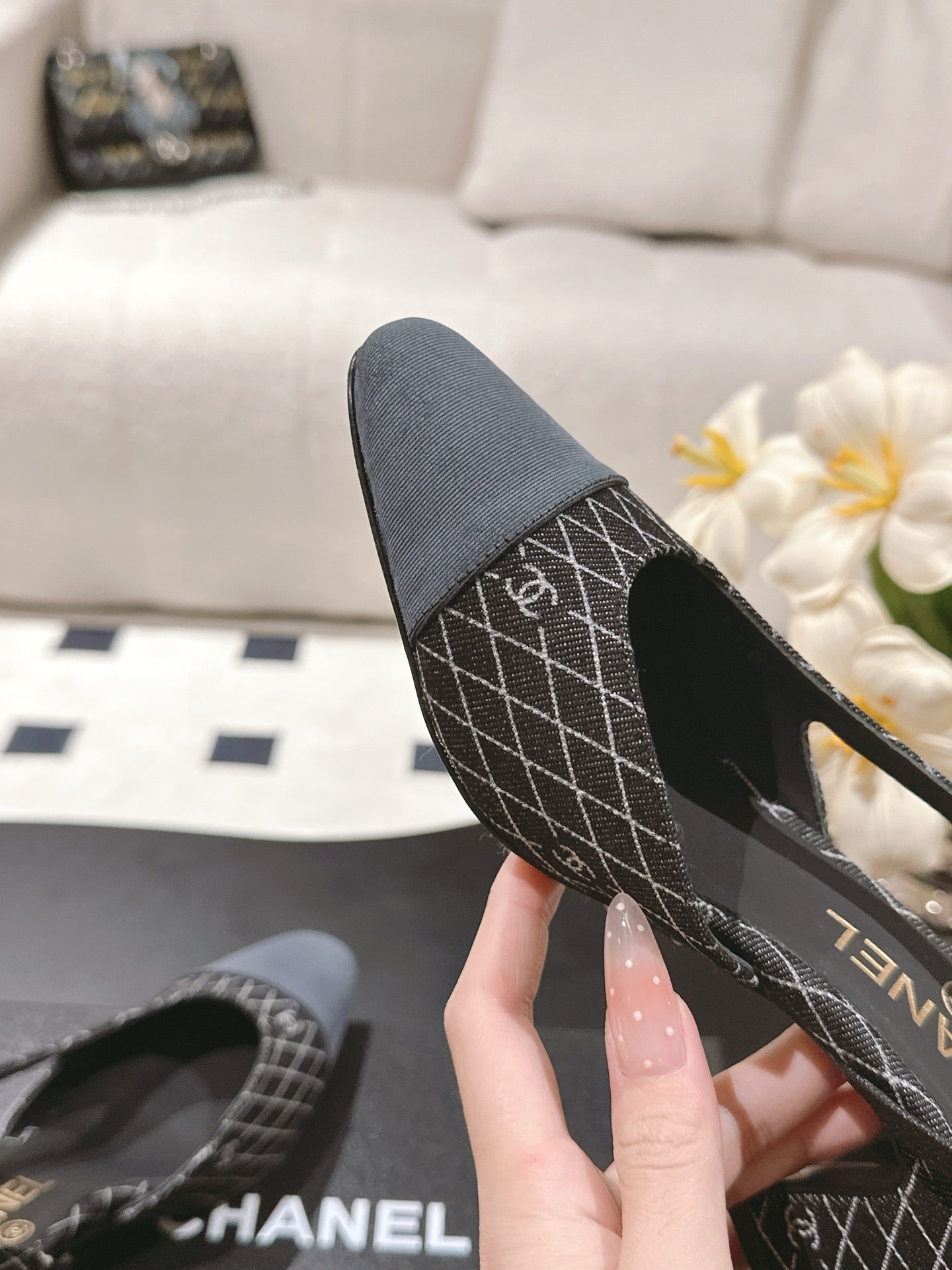 CC SLINGBACK 25S 65 MM IN BLACK DENIM WITH PLAID PATTERN - 35