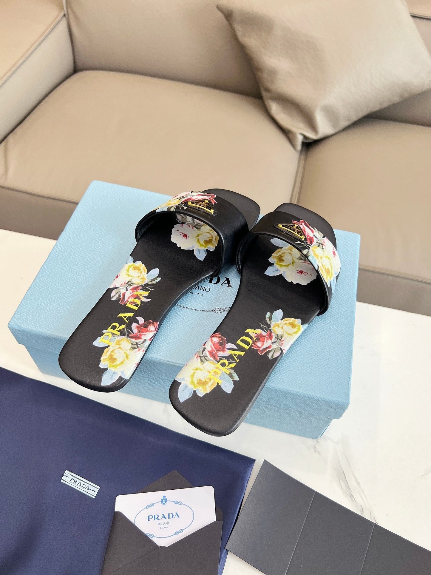 PRA PRINTED SLIDES SLIPPERS BLACK LAMBSKIN - 35