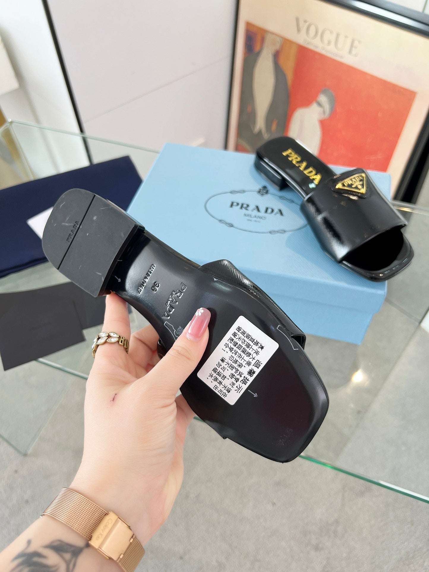 PRA SAFFIANO PATENT SLIDES BLACK CALFSKIN - 35