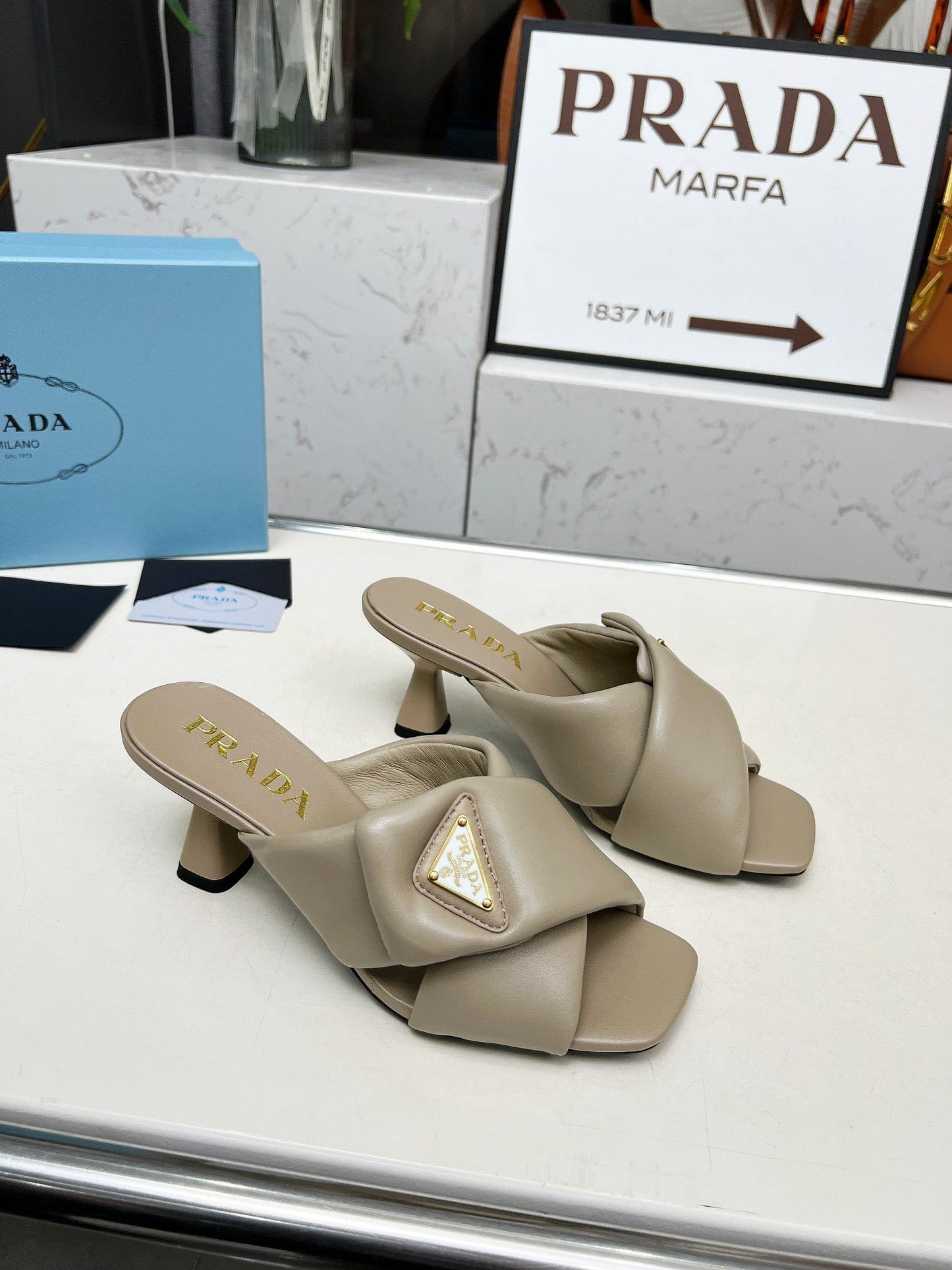 PRA CROSS MULE HEELS IN BEIGE CALFSKIN WITH PADDED STRAPS - 35