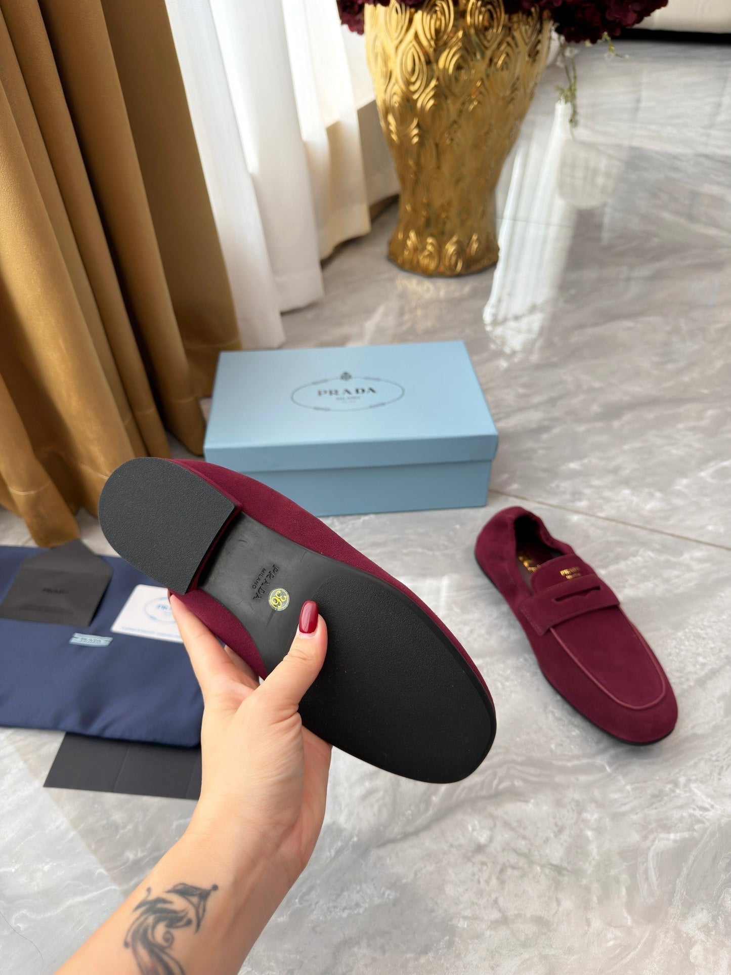 PRADA 25S LOAFERS IN DARK RED SUEDE - 35