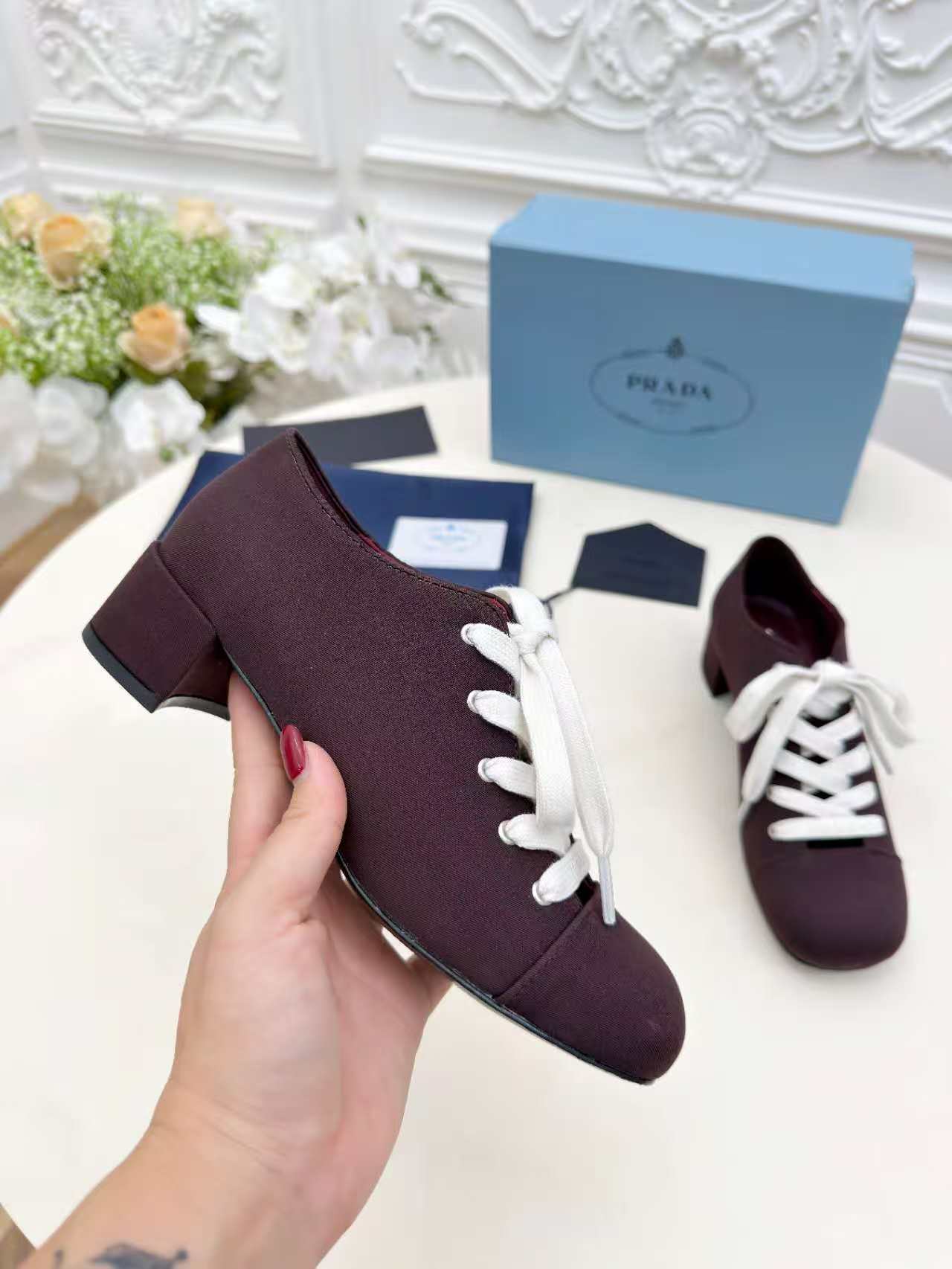 PRADA 25S MARY JANE SHOES 55 MM IN DEEP WINE BROWN CANVAS FABRIC - 35