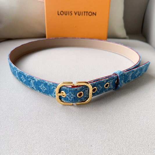 РЕМІНЬ LV 30MM БЛАКИТНИЙ МОНОГРАМНИЙ ДЕНІМ ЗОЛОТА ФУРНІТУРА - 30