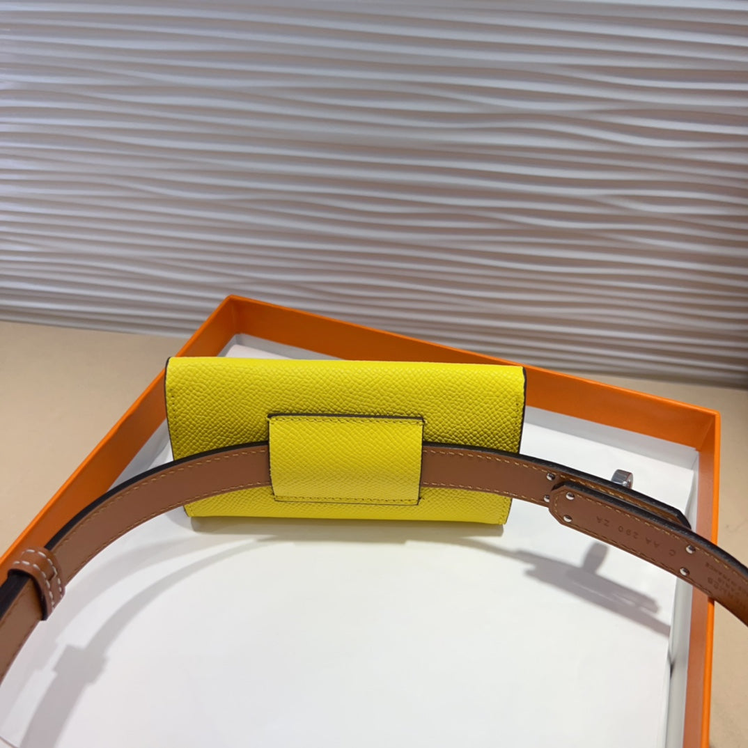 HM KELLY LEMON YELLOW POCKET 18MM BELT CINNAMON BROWN LEATHER SILVER HARDWARE - 30