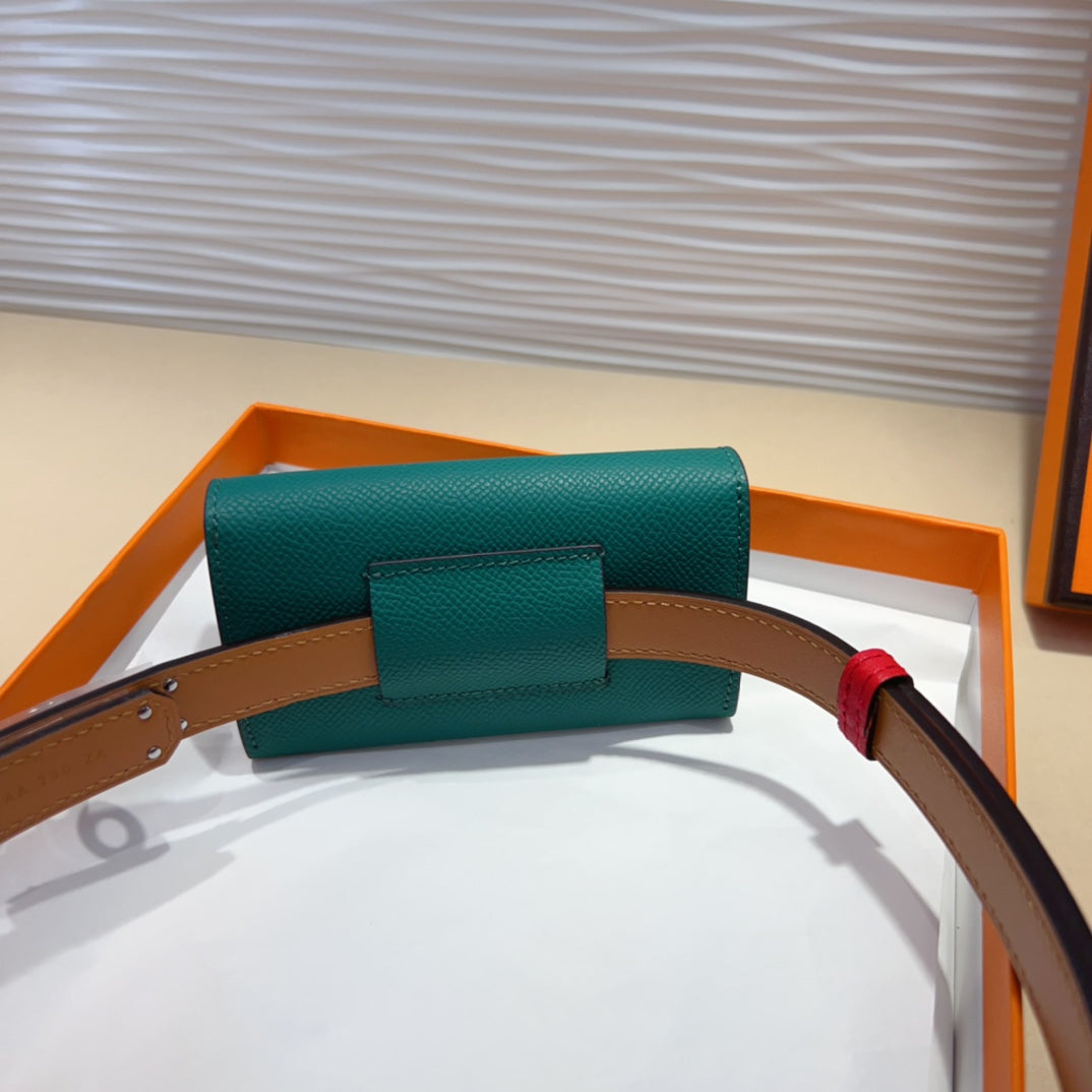 HM KELLY TEAL GREEN POCKET 18MM BELT CHERRY RED LEATHER SILVER HARDWARE - 30