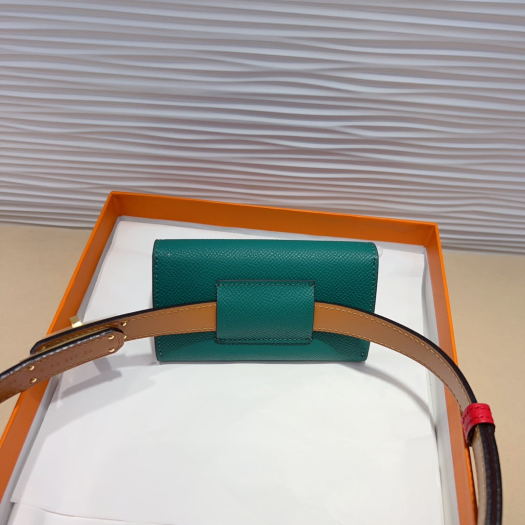 HM KELLY TEAL GREEN POCKET 18MM BELT CHERRY RED LEATHER GOLD HARDWARE - 30