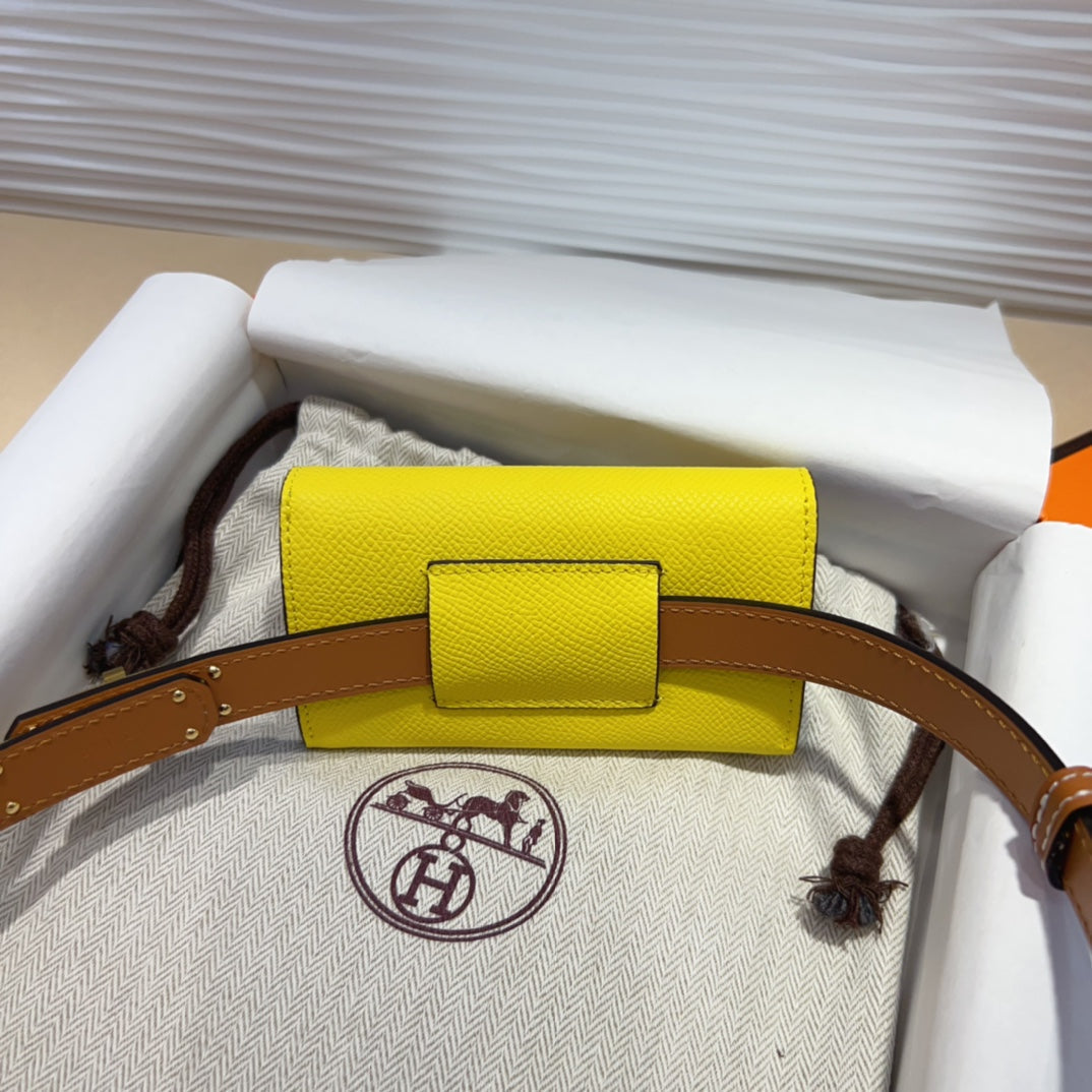 HM KELLY LEMON YELLOW POCKET 18MM BELT CINNAMON BROWN LEATHER GOLD HARDWARE - 30