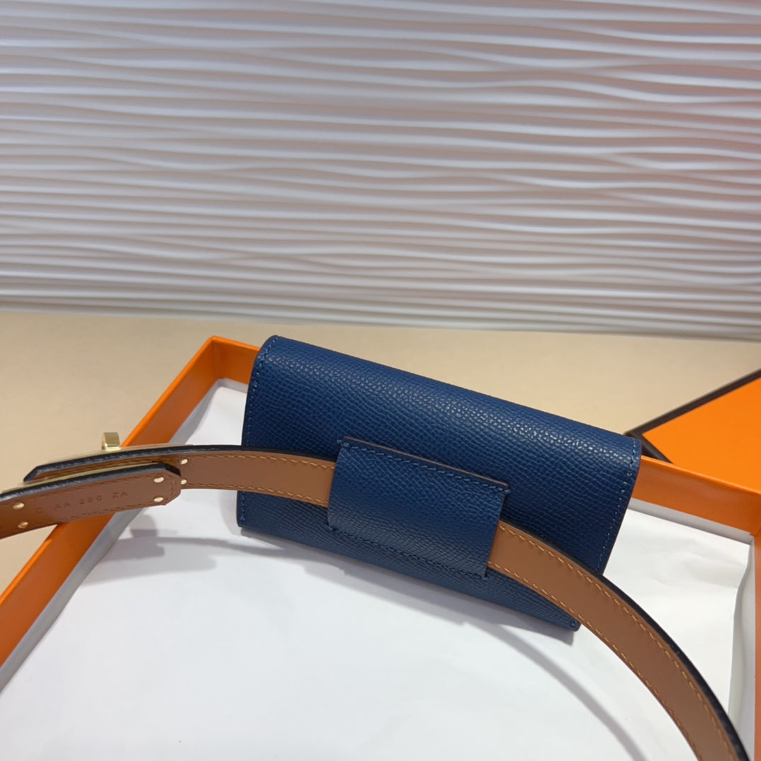 HM KELLY NAVY BLUE POCKET 18MM BELT WHITE LEATHER GOLD HARDWARE - 30