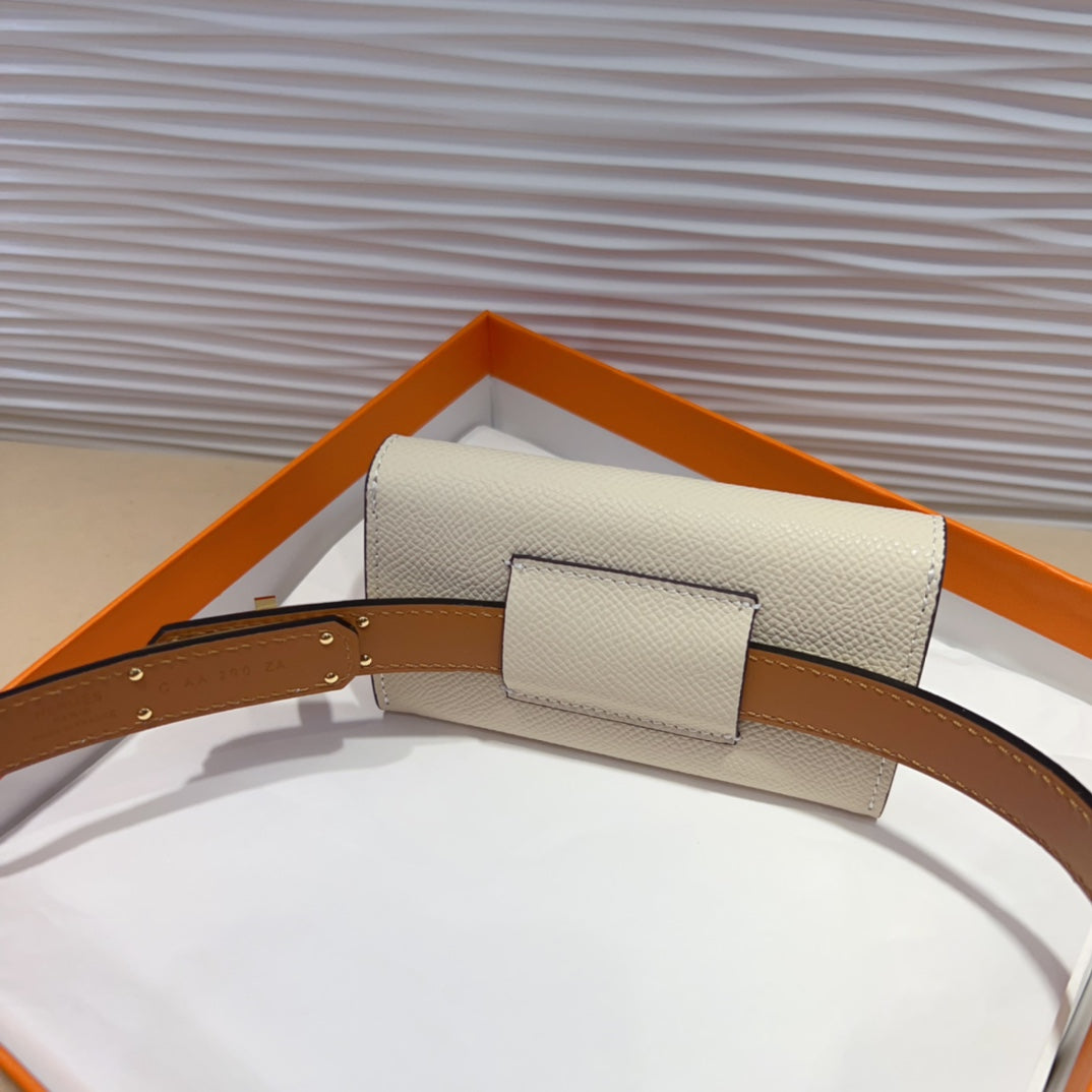 HM KELLY POCKET 18MM BELT WHITE LEATHER GOLD HARDWARE - 30