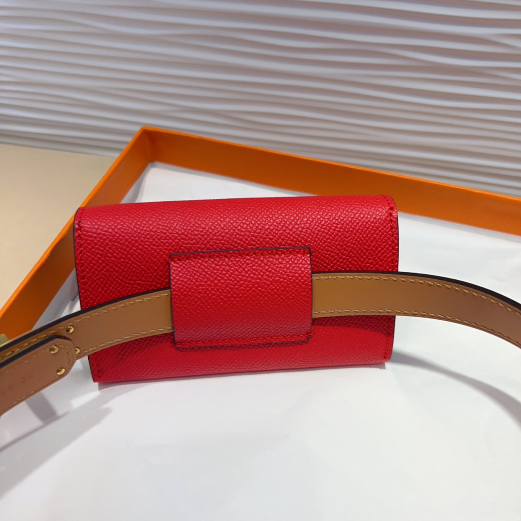 HM KELLY POCKET 18MM BELT CHERRY RED LEATHER GOLD HARDWARE - 30