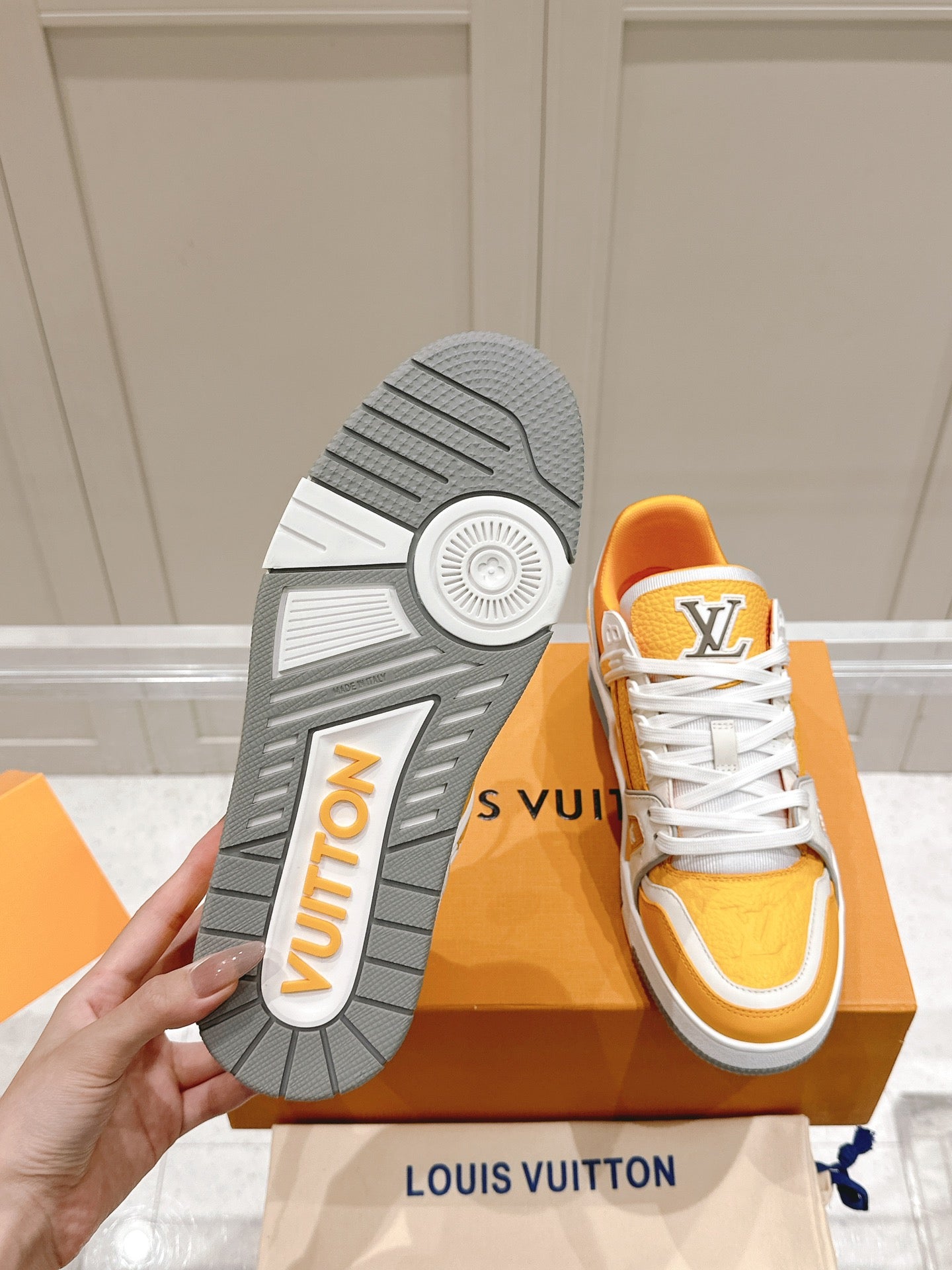 LV TRAINER SNEAKER IN SAFFRAN YELLOW GRAINED CALFSKIN - 35
