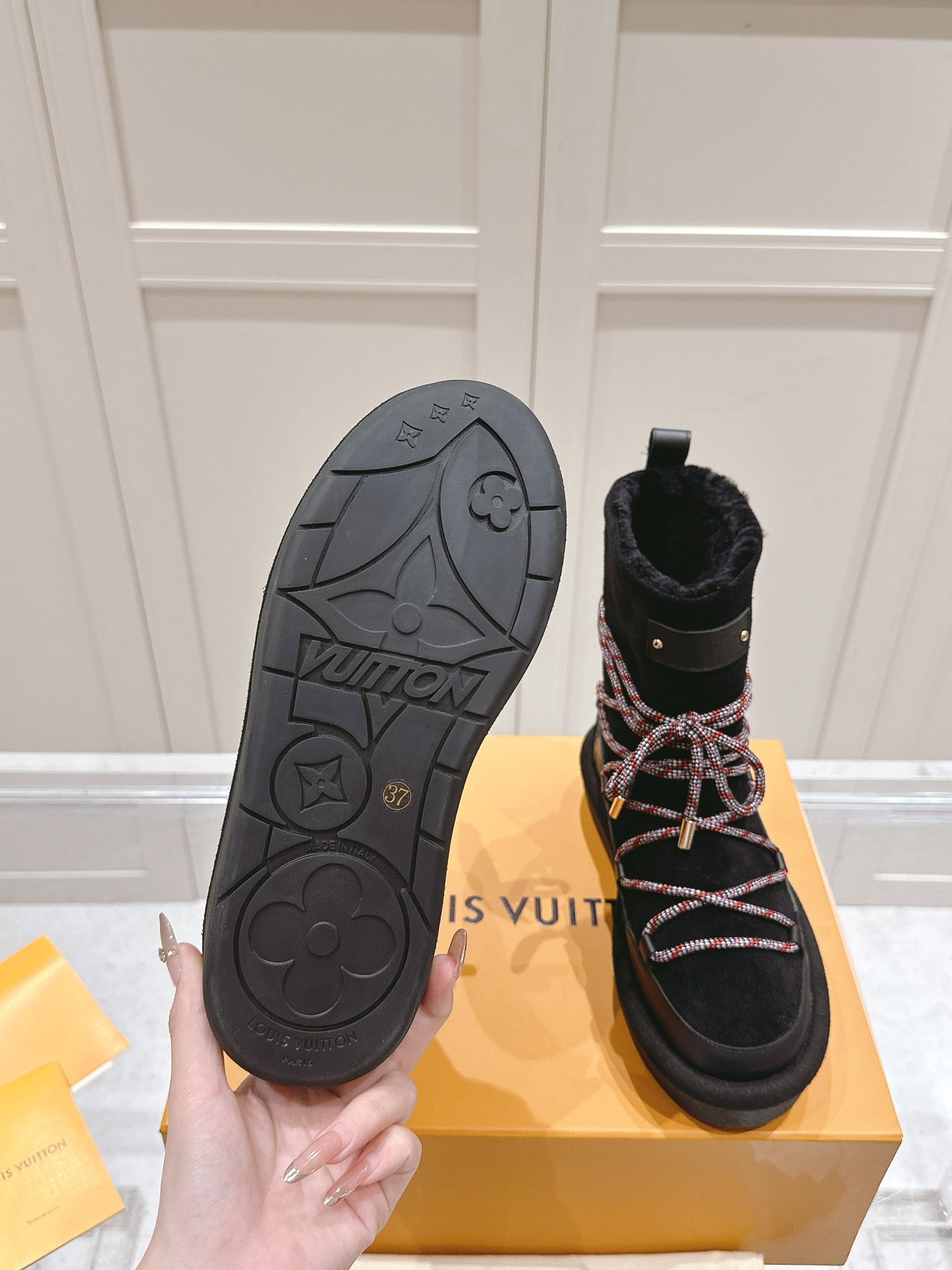 ASPEN PLATFORM ANKLE BOOT IN BLACK MONOGRAM DEBOSSED SUEDE AND SHEARLING - 35