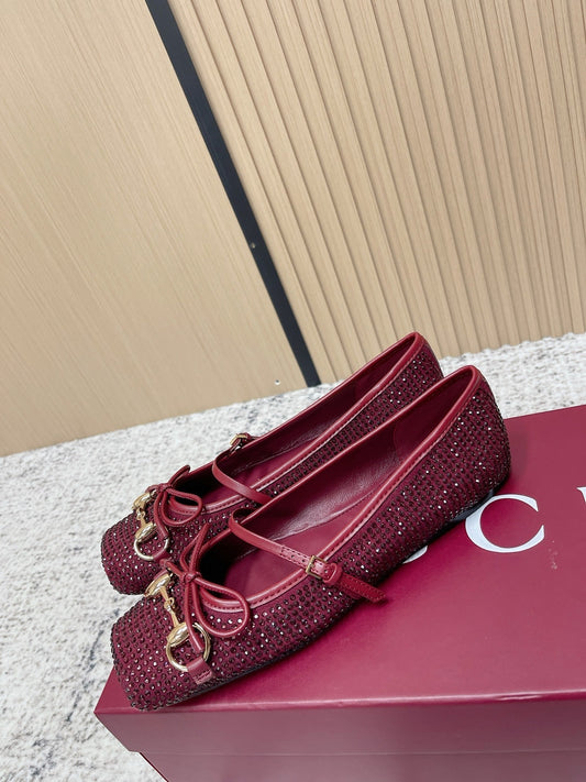 GUCCI 26S BALLET FLATS IN RED WITH CRYSTALS