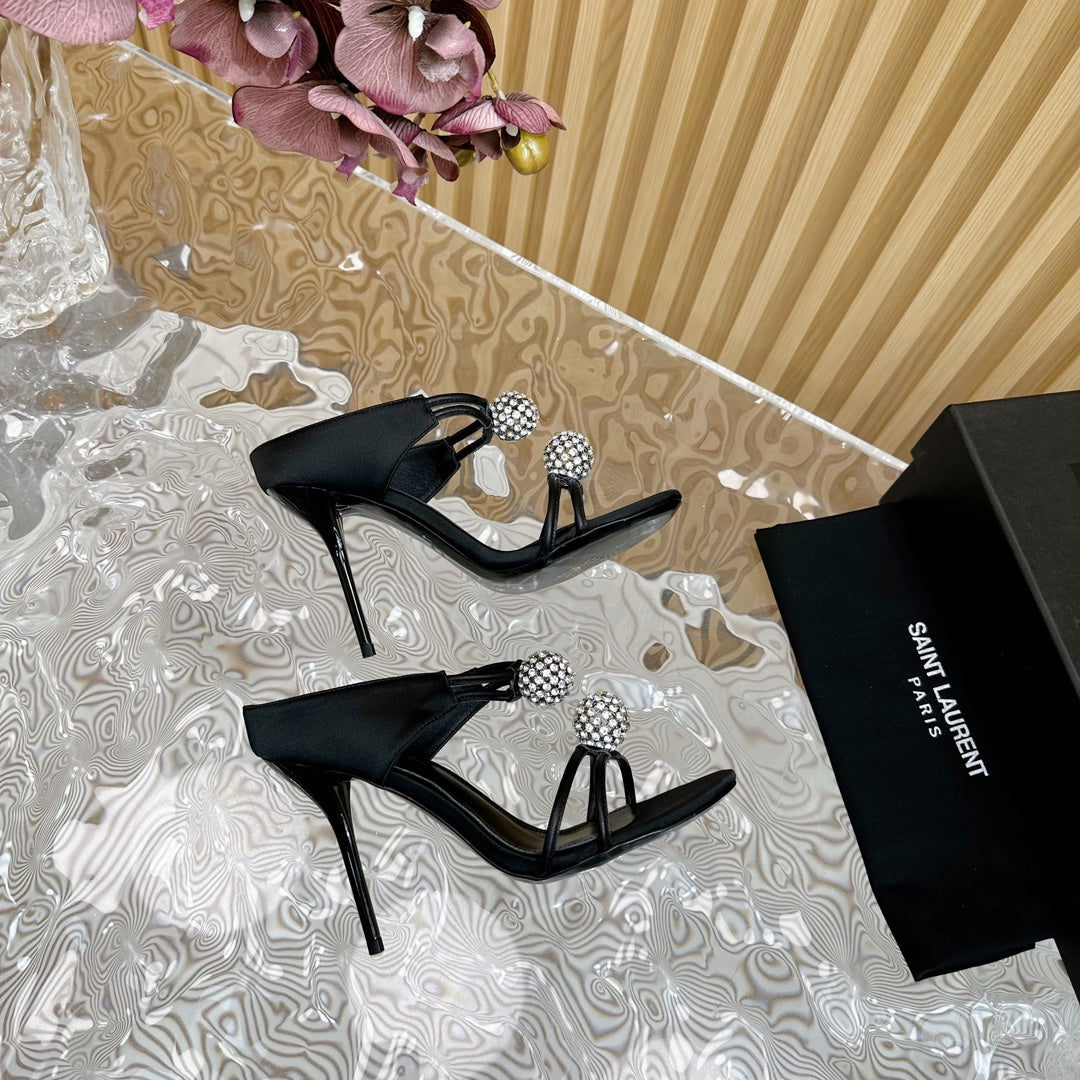 SL POM CIRCLE CRYSTAL HEELED SANDALS BLACK SATIN - 35