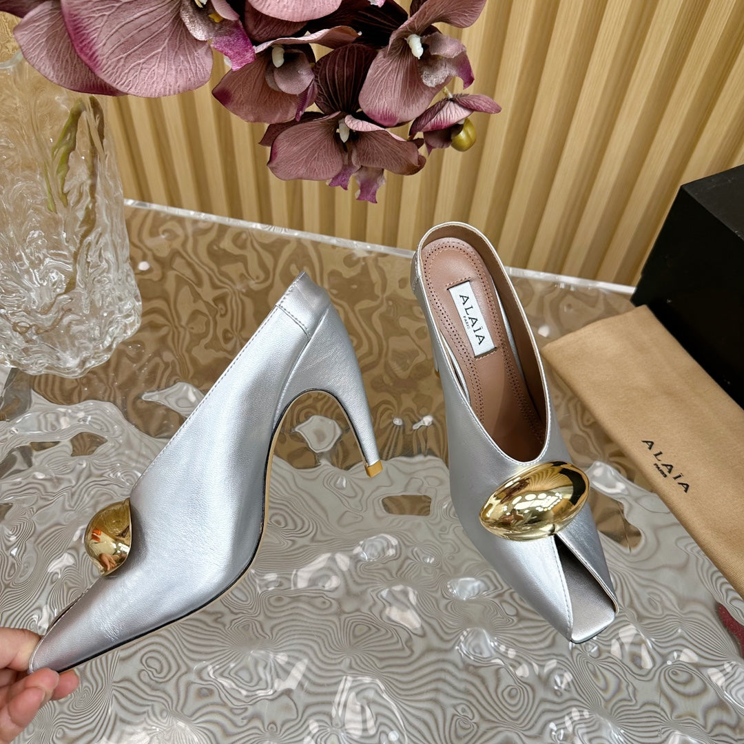 ALAIA AZZEDINE HIGH HEELS IN SILVER CALFSKIN WITH GOLD HARDWARE - 35