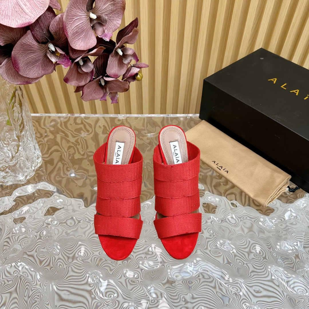 ALAIA ELASTIC CAGE MULE SANDALS IN CHERRY RED WOVEN STRAP AND LAMBSKIN - 35
