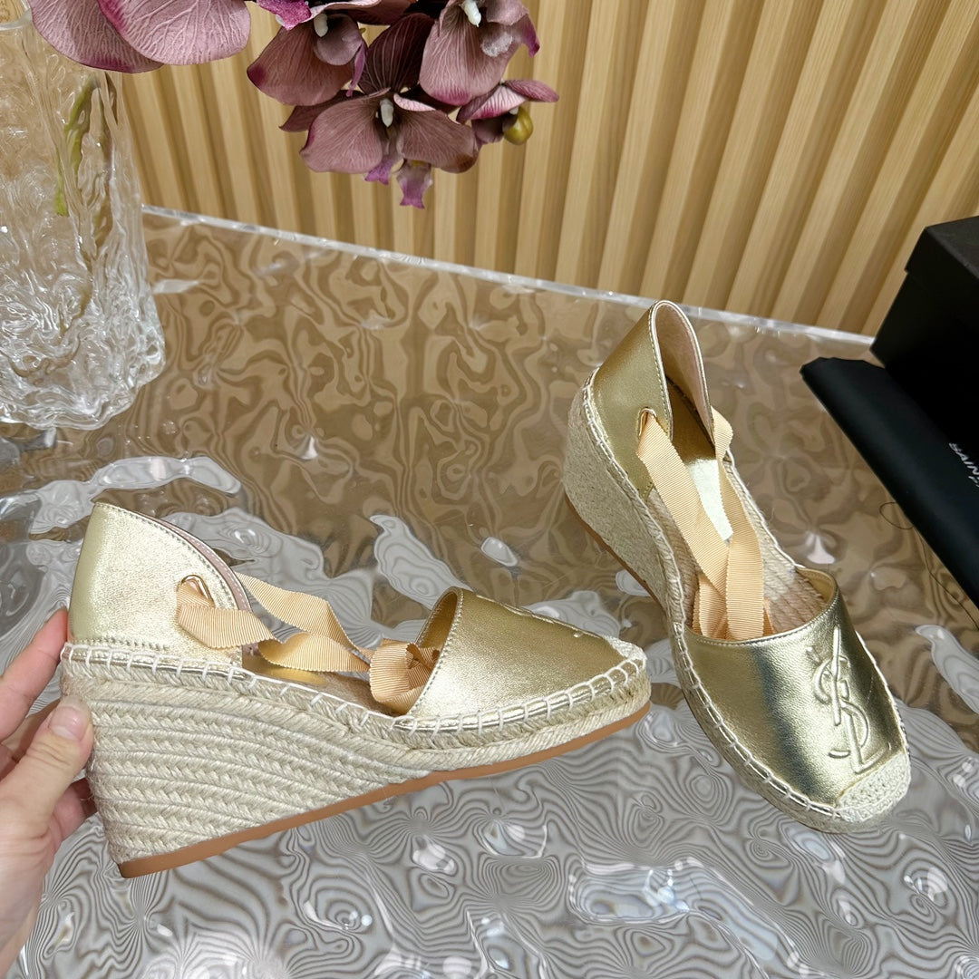 SL WEDGE SANDALS METALLIC GOLD CALFSKIN AND STRAW - 35