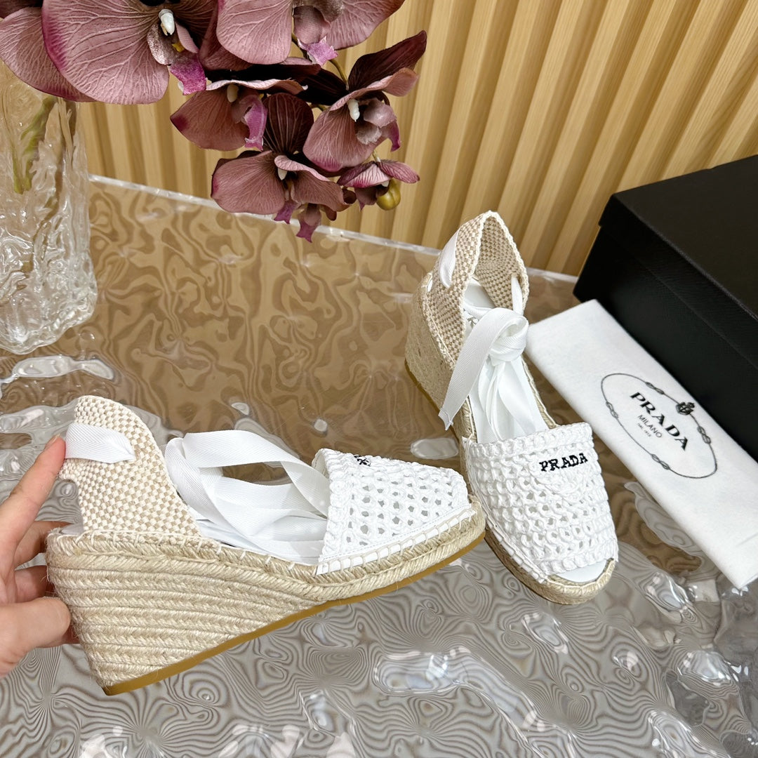 PRA ESPADRILLE WEDGE SANDALS WHITE RAFFIA - 35