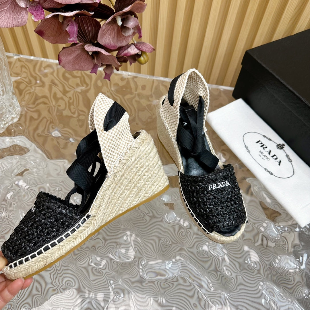 PRA ESPADRILLE WEDGE SANDALS BLACK RAFFIA - 35