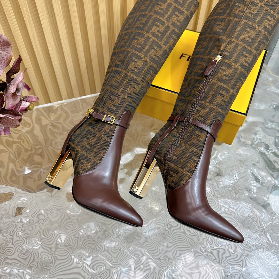 FF BOOTIES HIGH BOOTS IN SANGRIA CALFSKIN AND MEDIUM BROWN MONOGRAM FF FABRIC - 35