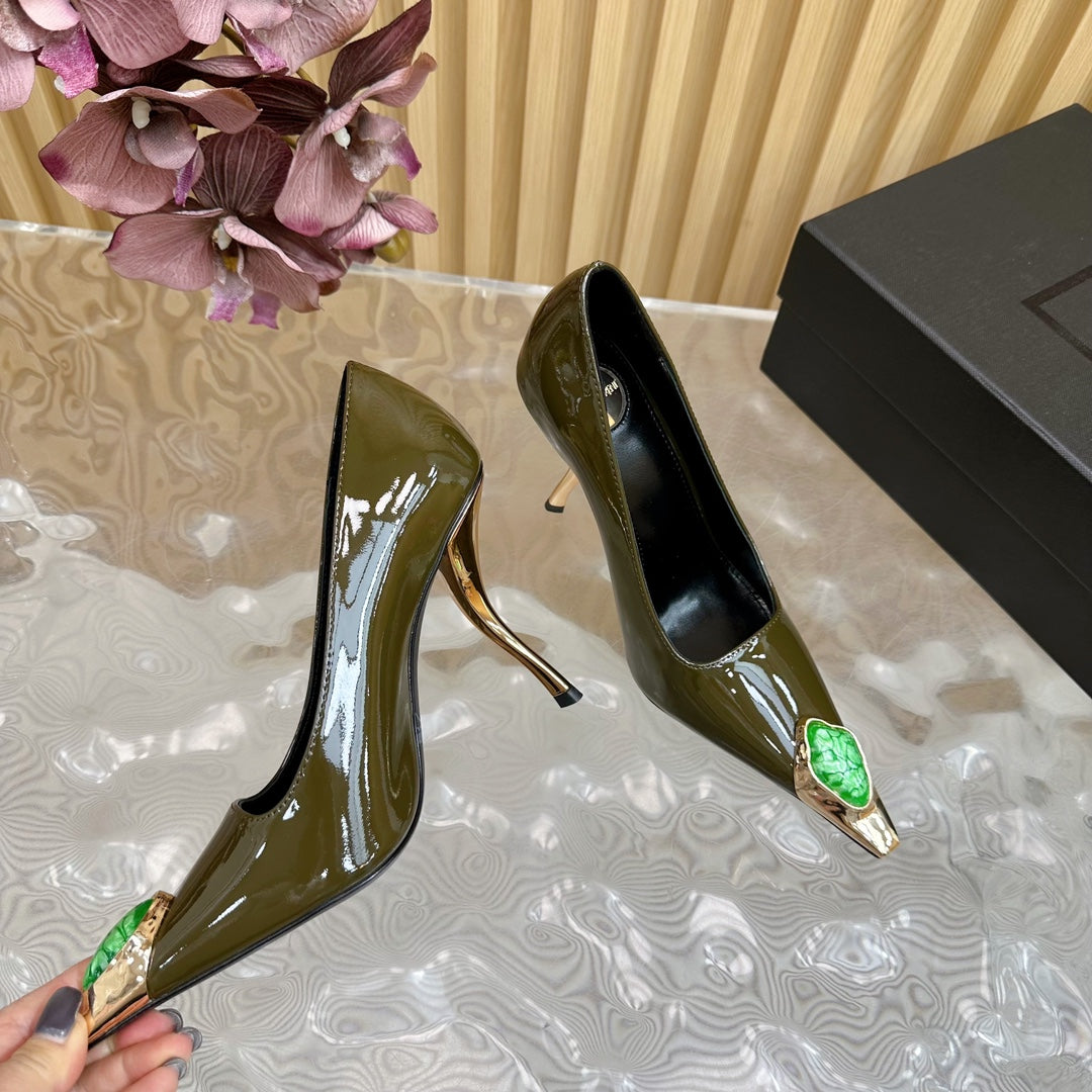 GREEN GEM-STUDDED HIGH PUMPS IN ARMY GREEN PATENT CALFSKIN - 35