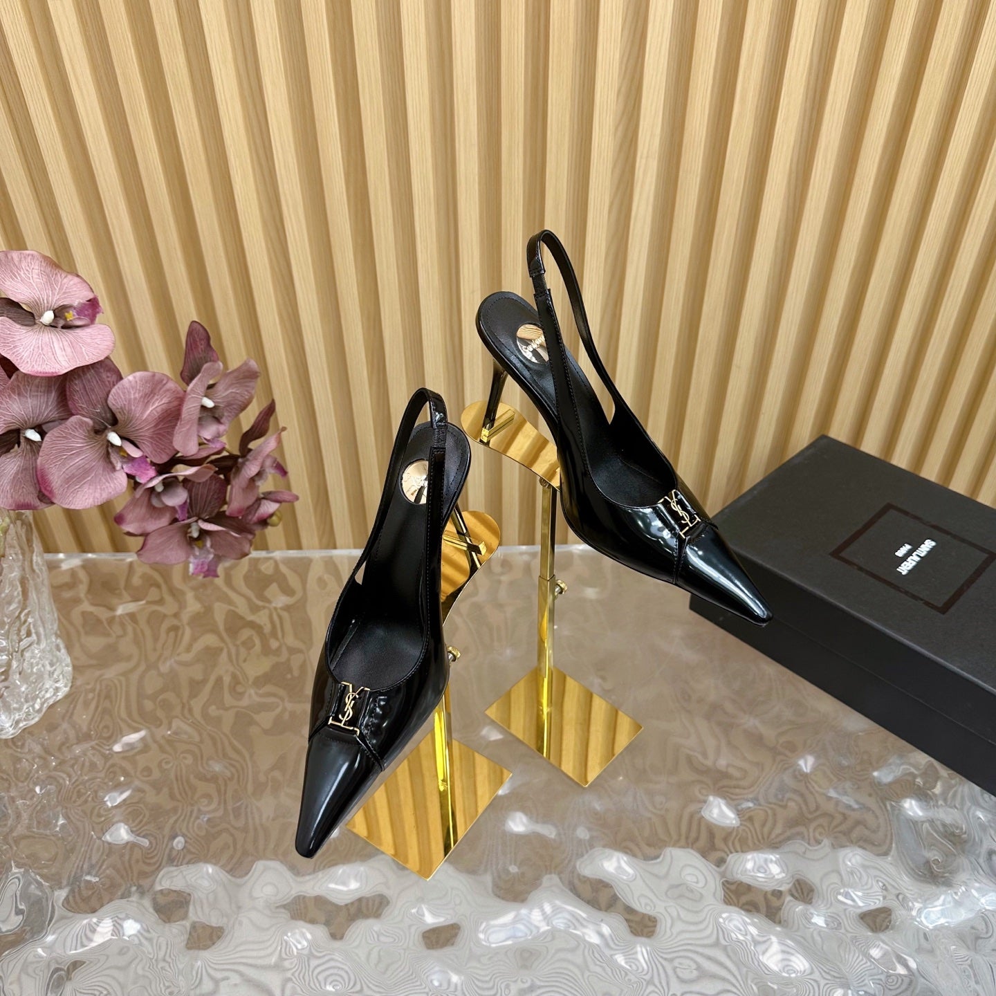 BABYLONE SLINGBACK PUMPS IN BLACK GLOSSY CALFSKIN - 35