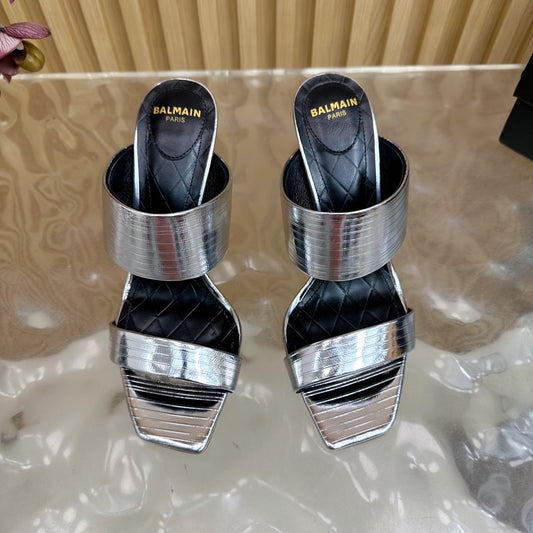 BALMAIN 25S MULES IN STRIPED LEATHER 95MM IN SILVER CALFSKIN - 35