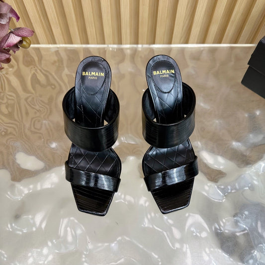 BALMAIN 25S MULES IN STRIPED LEATHER 95MM IN BLACK CALFSKIN - 35