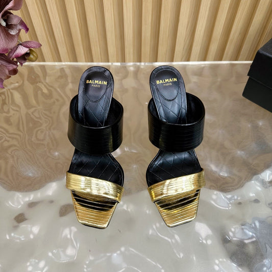 BALMAIN 25S MULES IN STRIPED LEATHER 95MM IN BLACK AND GOLD CALFSKIN - 35
