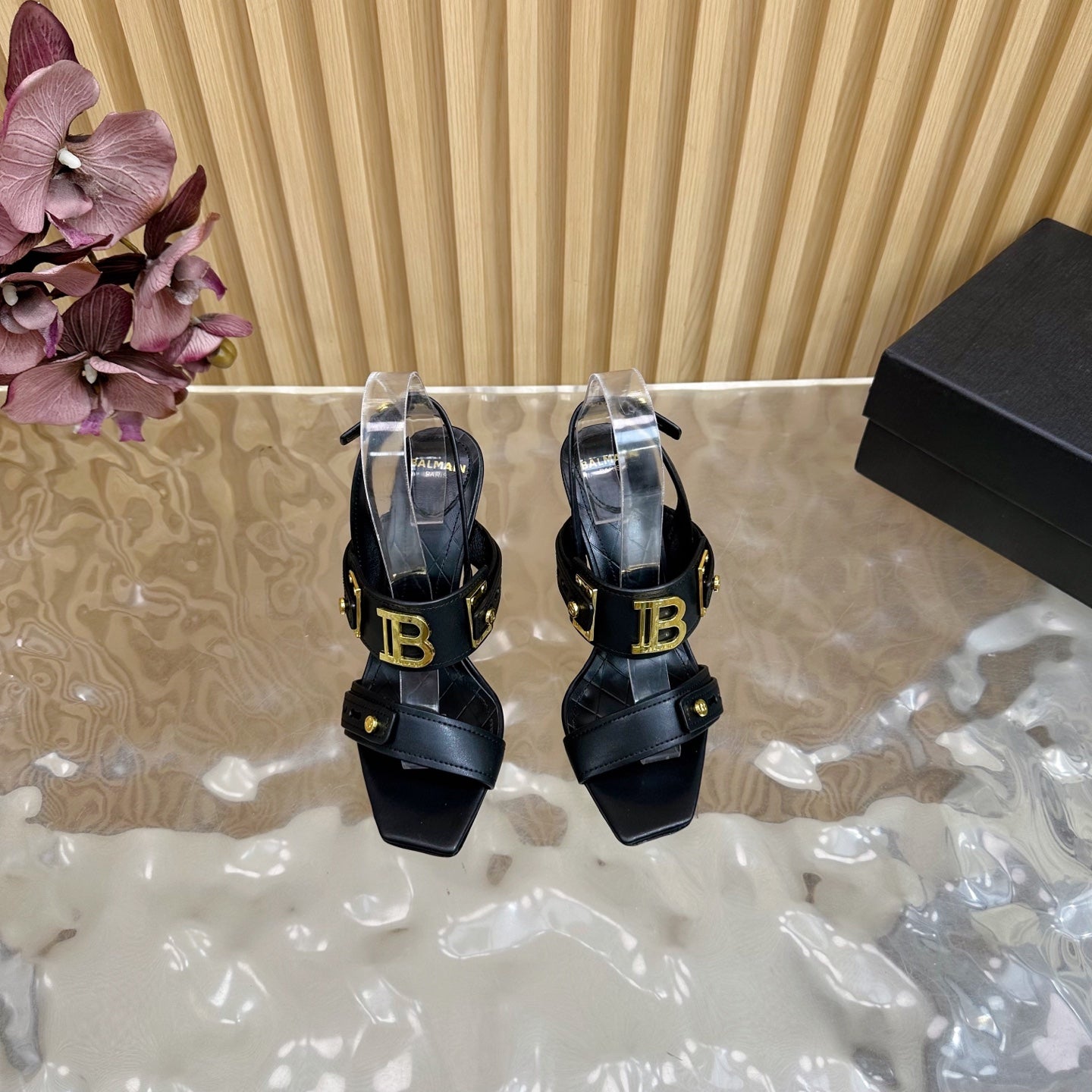BALMAIN 25S RHINESTONE STILETTO SANDALS 95MM IN BLACK CALFSKIN - 35